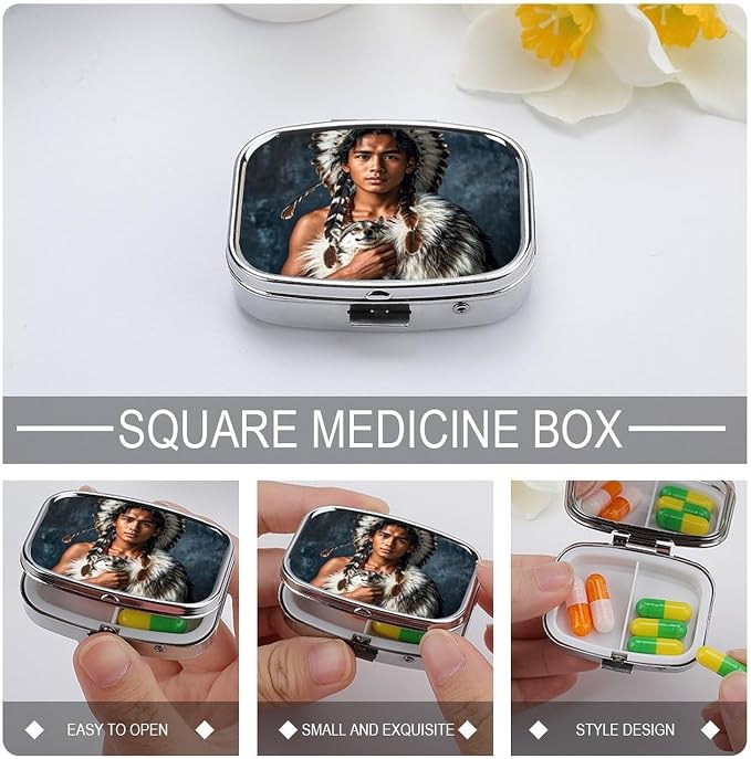 Indigenous People and Wolves Pill Box 2 Compartment Medicine Pill Case Portable Pill Organizer for Pocket Or Purse Decorative Metal Medicine Vitamin Organizer