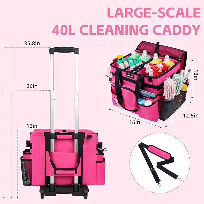 Large Rolling Cleaning Caddy Bag, Cleaning Caddy with Wheels with Detachable Trolley for Housekeepers, Water Resistant Cleaner Supplies Organizer with Wheels for Kitchen, Car, Picnic (Rose-Red)
