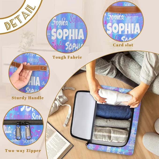 Personalized Name Storage Basket with Zipper Lid, Canvas Storage Bins Toys Clothes Organizer for Bedroom, Kitchen, Bathroom, Nursery, Shelves, Closets, Gradient Light Blue Stripes with Stars