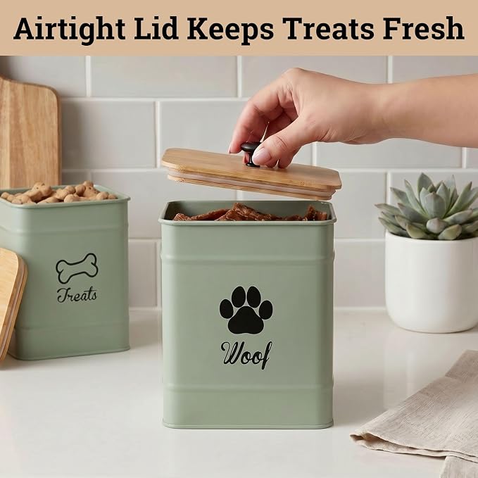 Dog Treat Container Set of 2 with Airtight Bamboo Lids - 8x6 & 7x5 inch | Fits All Popular Treats, Up to 20 Cups Combined Capacity, Airtight Bamboo Lid, Easy Open Lid, Dent-Resistant Durable Metal