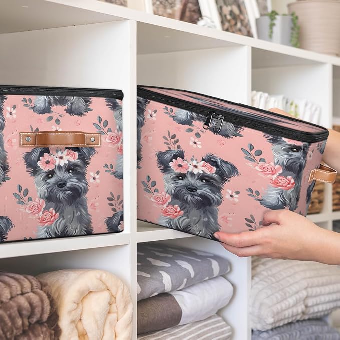 Cute Dogs Flower Storage Box with Zipper Lid