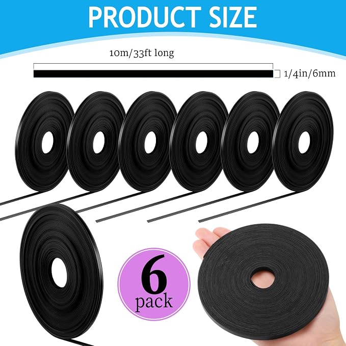 Tellegloww 6 Rolls 1/4" Magnetic Whiteboard Tape Set 33ft Magnetic Tape Roll Thin Strips Borders for Classroom Whiteboard with 48pcs Dry Erase Label for Classroom School Office Home Students (Black)