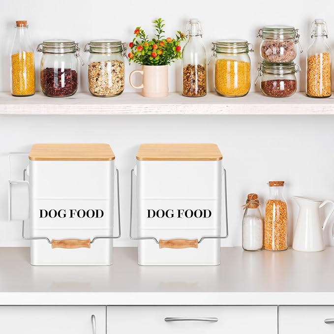 Tioncy 2 Pcs Metal Dog Food Storage Containers Total 10-14 Lbs (50 Cup) Capacity, Airtight Pet Food Canister with Bamboo Lids Scoop DIY Labels Dog Treat Storage Jars for Kitchen Counter(White)