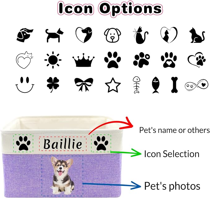 Personalized Dog Toy Storage Basket with Pet Name/Photo, Collapsible Custom Pet Storage Bin with Durable Handles, Large Capacity Organizer Box for Cat Toys