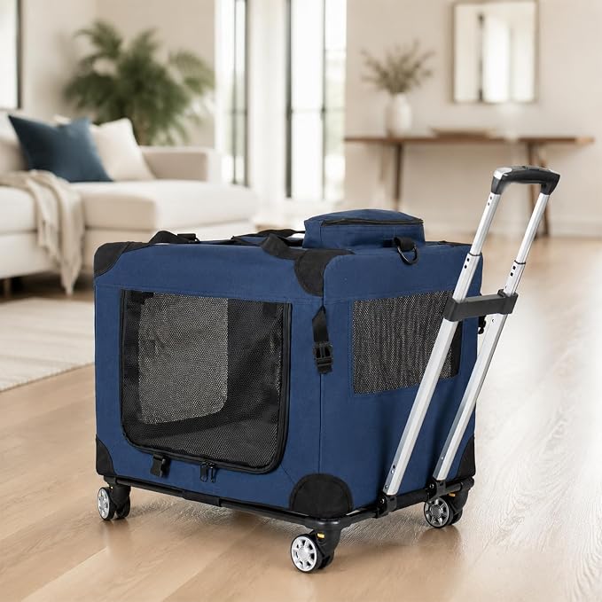 28" Pet Carrier with Wheels, 50 lb Soft Sided Foldable Dog Crate, 3 Mesh Doors, Detachable Wheels, Dark Blue Travel Kennel for Vet Visits and Medium Large Dogs