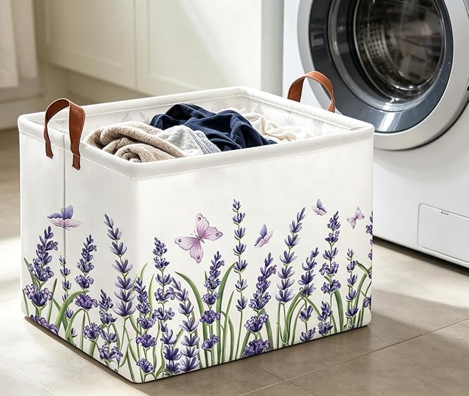 Rectangle Storage Basket with Handles,Collapsible Storage Bin,Books Box,Gift Basket(Lavender)