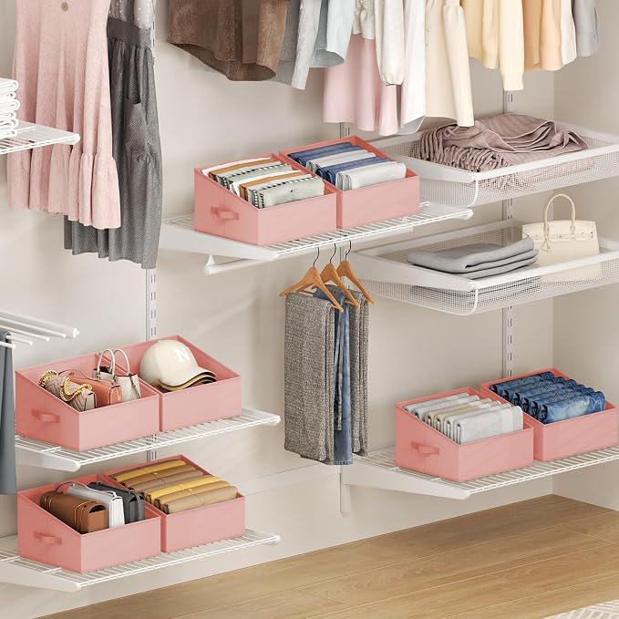 DIMJ Closet Storage Bins - Fabric Storage Baskets for Shelves, Collapsible Clothes Organizer with Handles for Purse, Toys, Books, Towel, Clothes, PInk, 6 Bins 11.4"x11.4"x7.8"