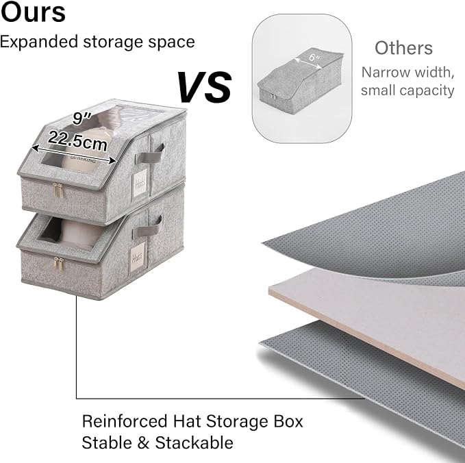 Furlide Hat Organizer for Baseball Caps, 2 Pack Stackable Storage Boxes | Protects 24-30 Caps From Dust and Pet Hair; Stackable Base, Clear Window, Front Opening and Handles Simplify Closet Storage.