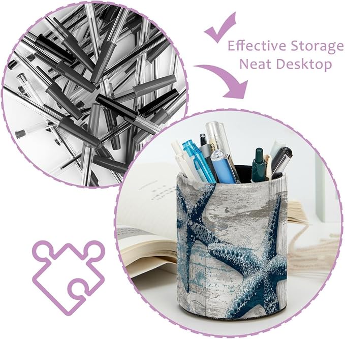 Faux Leather Pen Holder for Desk, Pencil Organizer Retro Starfish Pen Cup Desk Decor Makeup Brush Holder Storage for Office Home