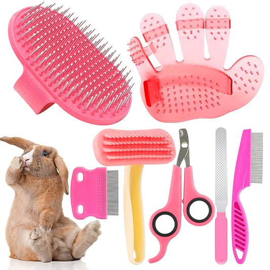 Rabbit Grooming Kit, Rabbit Brush for Shedding with Bunny Nail Clipper, Rabbit Nail Trimmers with Pet Combs for Hamster Guinea Pig Ferret by KALAMANDA(Pink)