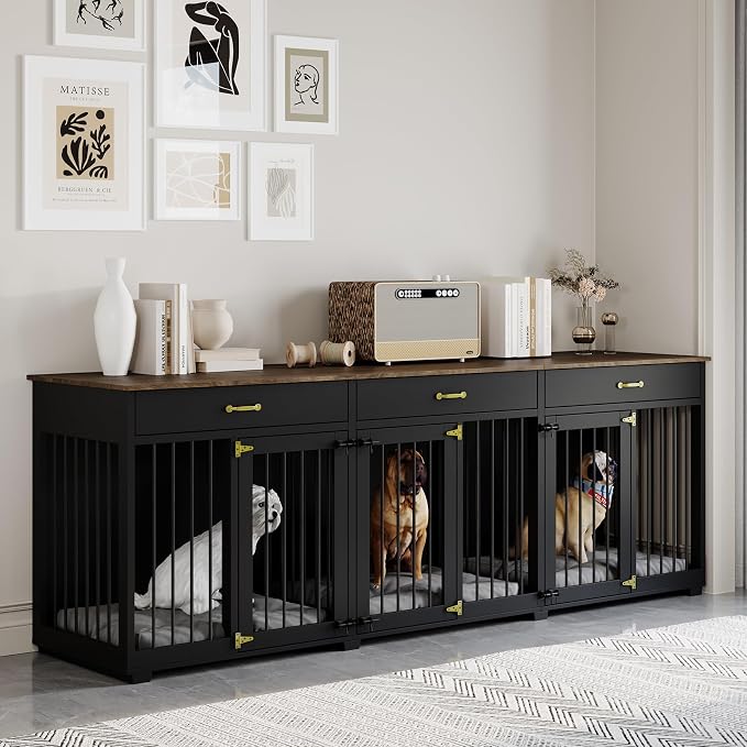 Dog Crate Furniture - Indoor Wooden Dog Kennel Crate Furniture with 2 Dividers, 3 Drawers, and 3 Lockable Doors, 95"x23.6"x31.5"H, Black