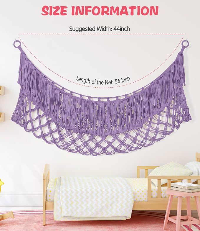 Stuffed Animal Hammock - Extra Large 56'' Long (Lavender) | Premium Cotton Hand-knitted, Beautiful Long Tassel, Storage Hanging Organizer, Can Fit Stuffed Animals 30 Piece or More