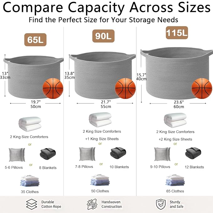 115L Extra Large Blanket Basket,Woven Laundry Basket-Light Grey | Collapsible, reinforced handles, nursery storage bin organizes clothes, toys and pillows for living room, bedroom bathroom