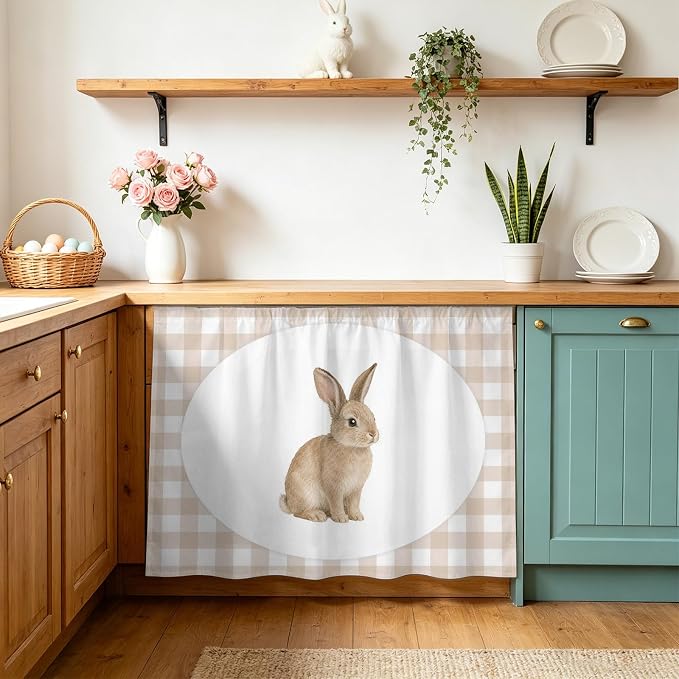 Rabbit Plaid Oven Skirt Curtain for Kitchen Decor 28"x35", Modern Farmhouse Checkered Rustic Animal Self Adhesive Stove Curtains Skirt Cabinet Curtains for Bathroom Laundry Room