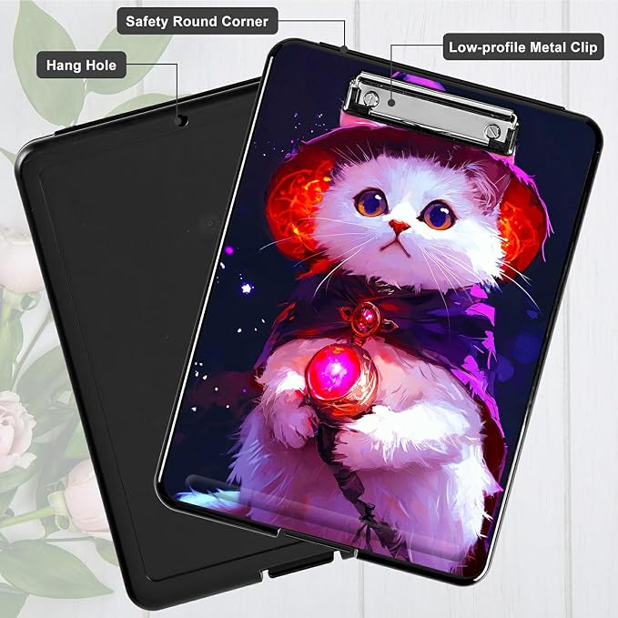Purple White Cat A4 Clipboard with Storage Pen Holder, Clipboards Organizer Nursing Clipboard Foldable File Folder Plastic Clipboard Folio Clip Board for Office Students Classroom Doctor