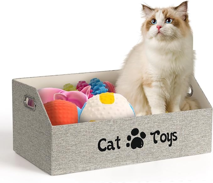 19.7 Inch Cat Toy & Supplies Storage Organizer with Metal Handles | Foldable Fabric Bin Kitten Pet Chest Trapezoid Container for Organizing Cats Clothes Accessories
