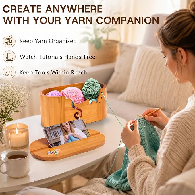 MYBAGZING Wooden Yarn Bowl with Lid, Large Acacia Crochet Yarn Holder with Phone Stand & Tool Tray, Yarn Storage Organizer for Knitting & Crocheting, Floral Design Gift for Crocheters