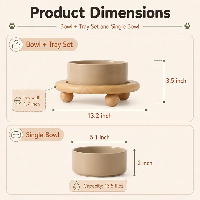 Havniva Raised Cat Bowl 5.1” Elevated Ceramic Cat Food and Water Bowl | Cat Bowls Elevated, Whisker Friendly Cat Bowl, Non-Slip Wood Stand, Food-Grade Ceramic, Wide Opening, Dishwasher Safe