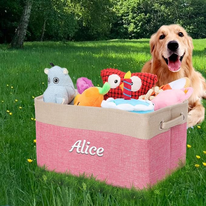 Ulico Personalized Dog Toy Storage Basket, Collapsible Pet Organizer Box With Handles, Custom Toy Bin With Pet's Name, Cat Storage Gift for Dog Lovers, Apparel & Accessories (Pink)