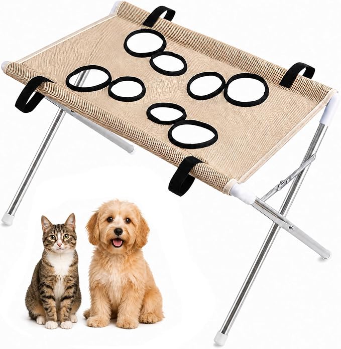 Pet Grooming Hammock for Dogs, Small Dog Bathing Wash Helper (Khaki) | Hanging Harness with Stand for Nail Trimming, Ear Cleaning & Bathing, Fits Small Breeds, Quick-Dry Mesh, Easy to Use At Home