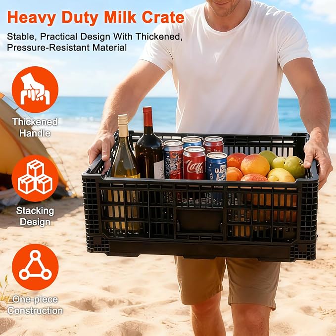 52L Milk Crate, Plastic Storage Crate with Handles, | Hold 130 lbs Per Bin, Large Collapsible Storage Bins for Home Organizing, Tools, Books, Camping & Transport