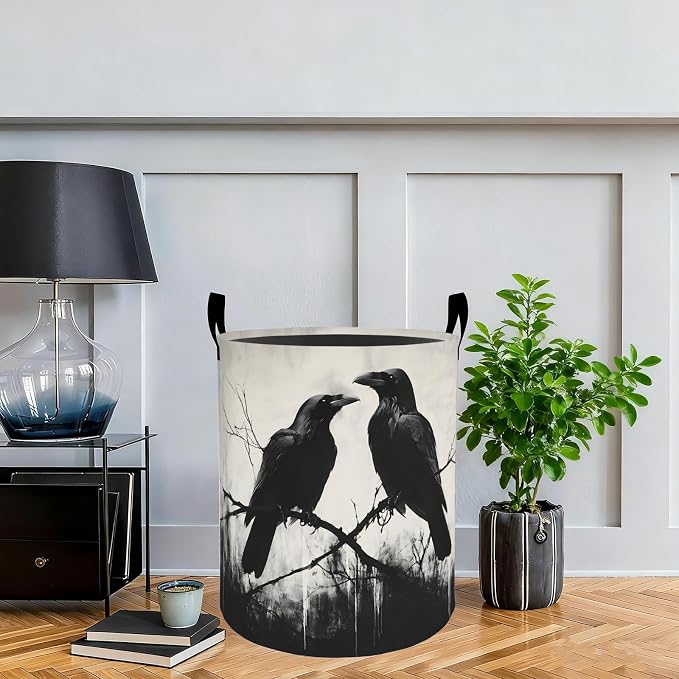 Gothic Raven Laundry Basket Hamper, Organizer Bins Gifts for Women Kids, Goth Dark Tree Crow Foldable Waterproof Clothes Hamper Handles Storage Bucket for Bedroom Bathroom Room Decor 19.7"x15.7"