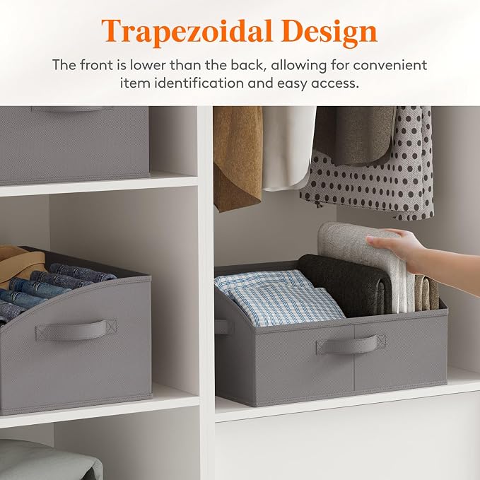 Lifewit Trapezoid Closet Storage Bin for Shelf, 6 Packs 19L, Gray | Non-woven Closet Organizer Baskets with Handles, Foldable Clothes Containers Boxes for Clothing, Book, Purse, Large