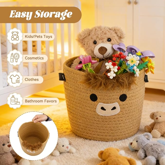 2 Pack Highland Cow Cotton Rope Basket - Cute Brown Basket with Handle for Plants, Toys & Baby Stuff, Western Nursery Decor, Baby Gift Box (7.8"x7")