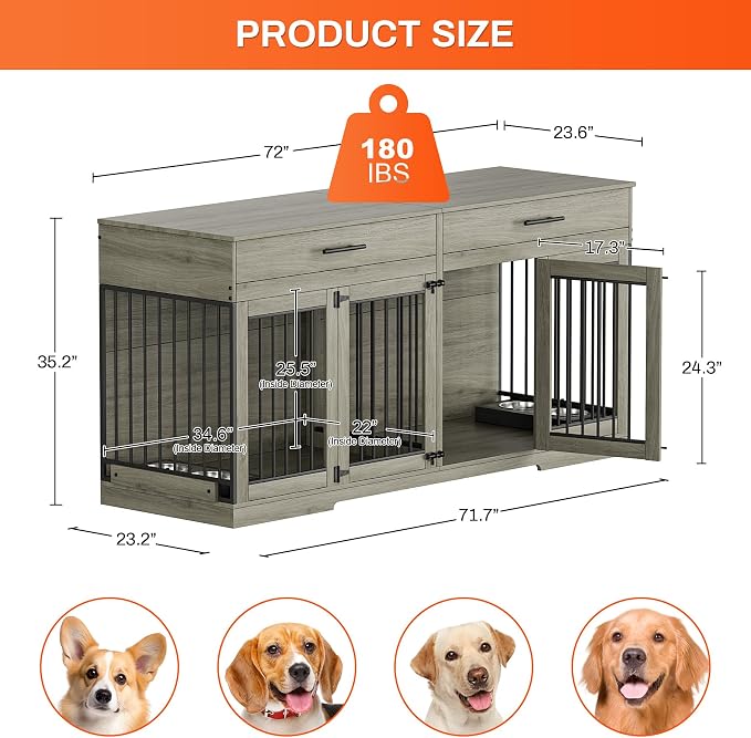 Rophefx 72" Dog Crate Furniture for 2 Dogs, Large Dog Kennel Furniture with 2 Storage Drawer and Removable Divider, Wooden Dog Cage with 4 Bowls, Indoor Dog House TV Stand for Medium Dog, Grey
