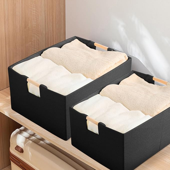 Fabric Storage Box, 15x11in Foldable Cotton Linen Basket with Wooden Handle | Medium Rectangular Cube Decorative Home Laundry Organizer Clothes Blanket Container Organizing Clothes Sheets Jeans, Black