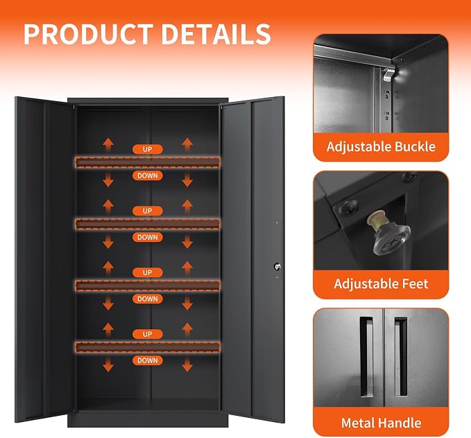 Metal Storage Cabinet for Garage, Tool Cabinet, Utility Cabinet | Tall Tool Cabinet, Lockable, 2 Doors, 4 Adjustable Shelves, Assembly Required, Black