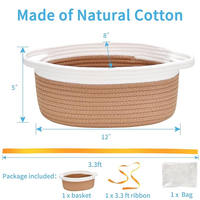 ABenkle Small Basket Empty Gift Basket, Decorative Boho Rope Woven Nursery Storage Organizer Dog Toy Baskets for Baby Showers Christmas Easter with Gift Bags and Ribbons, 12"X 8" X 5"
