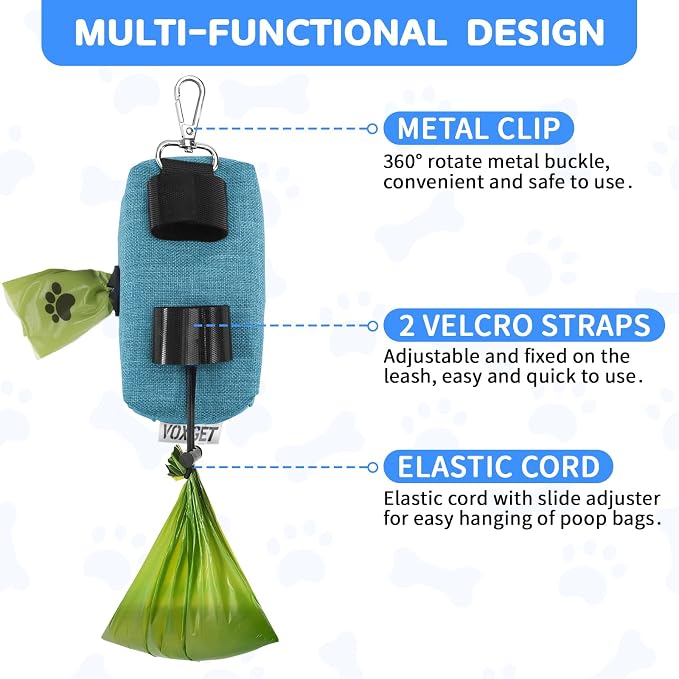 Dog Poop Bag Holder with Treat Pouch, 2 Zipper Pockets & Leash Clip | Waste Bag Dispenser with 1 Roll Poop Bags, Quick Access Treat Storage, Hands-Free Design for Dog Walking, Training & Travel
