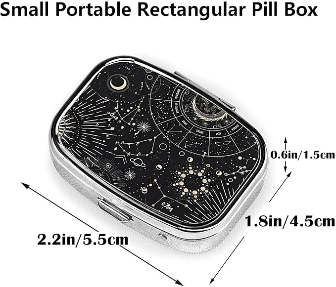 ABLESKY Pill Box, 2 Compartment Pill Organizer Case for Pocket or Purse, Small Portable Metal Travel Medicine Box with Mirror, Daily Vitamins Fish Oil Container-Tarot Constellation Moon Sun