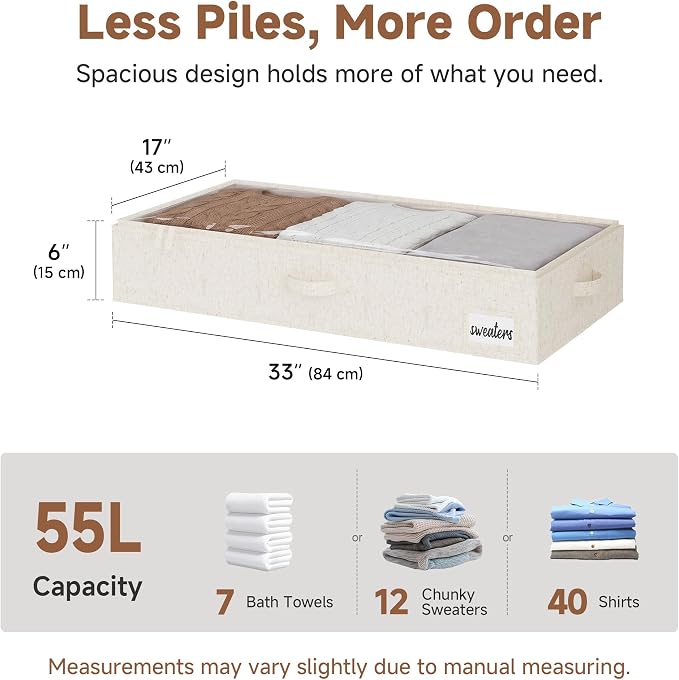 StorageWorks 6 Inch Low Profile Under Bed Storage Containers with Clear Lid | Reinforced Structure, Resists Sagging, Handles & Label Holder, Foldable Stackable Closet Storage for Clothes, Blankets, Toys