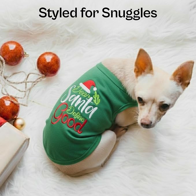 Parisian Pet Dog Tshirt - Embroidered “Dear Santa Define Good“ Dog Christmas Shirt - 100% Cotton Shirt - Sleeveless Clothes - Machine Washable Dogs Vest - Shirts for Large Dogs - 3XL
