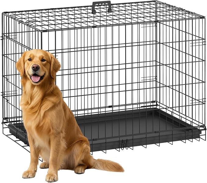FDW Dog Crate 36-Inch Dog Cage Single Door Foldable Metal Kennel with Leakproof Tray Foldable Design Indoor Outdoor Use for Medium Dogs,Dark Black