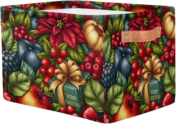 Christmas Basket Storage Bins Rectangle Canvas Basket Cube Storage Box | Nursery Foldable Basket with Handle for Kids Girls Boys Toys Living Room Closet Organizer Shelf Gifts Flower Poinsettia