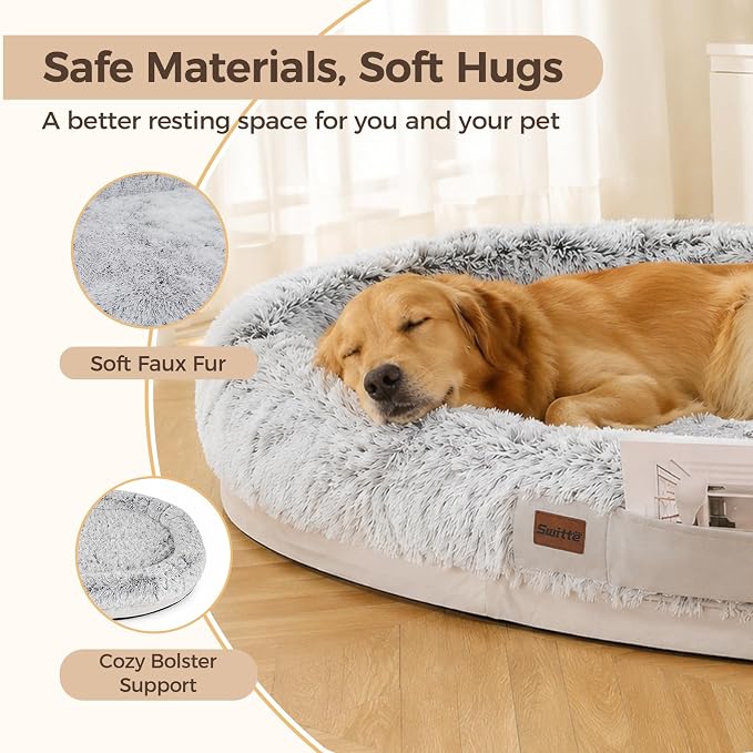 Human Dog Bed for Adult, 71"x48" Large Pet Dog Bed, Light Grey | Adult Dog Bed for Humans with Pillow & Blanket, Fluffle Cloud Dog Bed with Orthopedic Foam Bolster, Durable Zipper, Portable