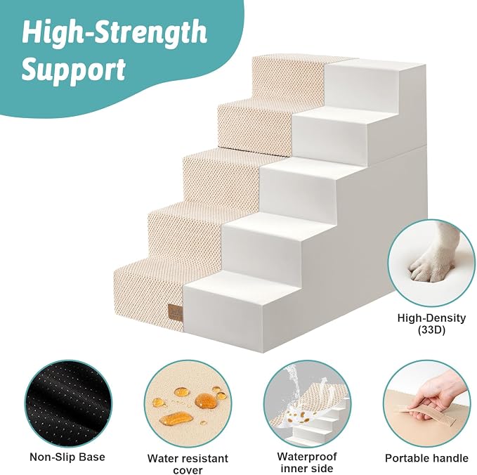 COZY KISS Dog Stairs for Small Dogs, 5 Step Pet Stairs for Beds & Couches | 23.6" Extra Wide Non-Slip Dog Steps with Removable Tiers & Support Board for Puppies, Older Cats & Dogs, Beige