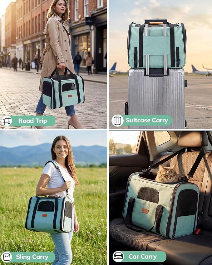 Morpilot Cat Carrier Soft for Large Medium Cats and Puppy up to 20lbs | with Dual-Sided Cushion, Secure Buckle and Foldable Bowl, Dog Carriers for Small Dogs - Pet Carrier (Green)