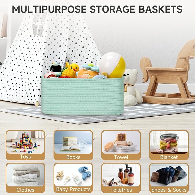 3 Pack Storage Baskets for Organizing, 13.7×9.5×6.3", Cream Green | Woven Baskets for Shelves, Cotton Rope Basket for Gifts Empty, Closet Organizer Bins with Handles, Cube Decorative Box