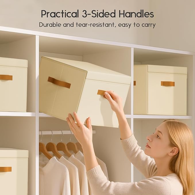 Homsorout Large Storage Bins with Lids - Front Opening Fabric Storage Bins, Flap Closet Organizer with Handles, Collapsible Boxes with Lid, Decorative Basket for Home, Dorm, 2 Pack, Beige