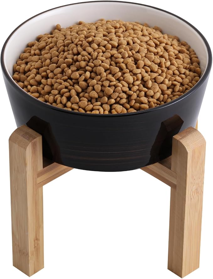 Black Elevated/Raised Dog Bowl Ceramic with Wood Stand for Medium Large Breed,Dog Food Water Dish Heavy Wighted,8 in Non Slip Modern Cute Porcelain Pet Bowl Wide Extra Large