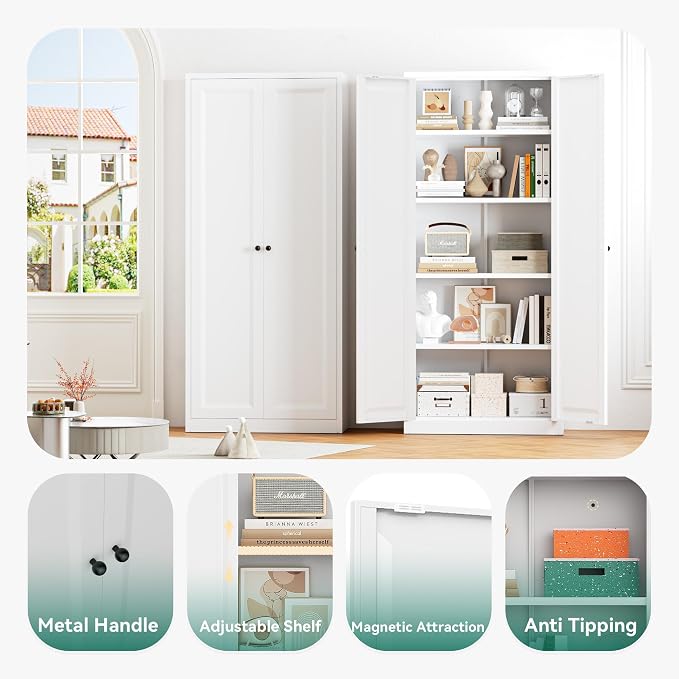 Greenvelly Metal Storage Cabinet, 63" H White Metal Storage Cabinet with Doors and 4 Shelves, Steel Cabinets for Living Room, Office, School (White - Modern)