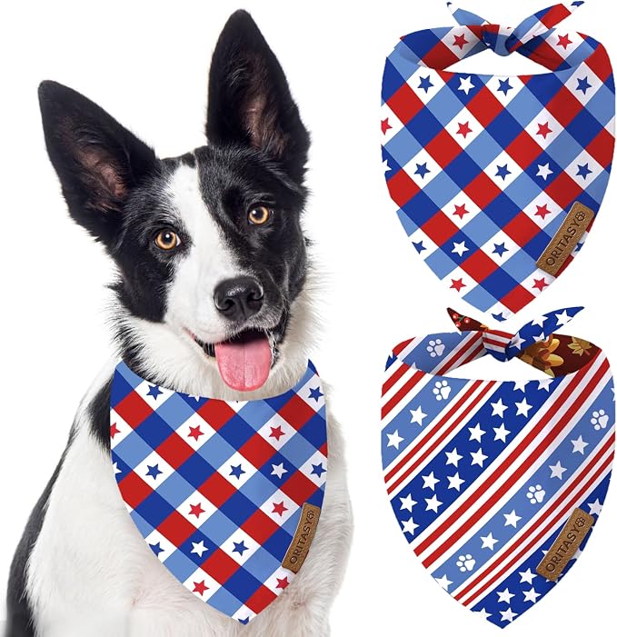 4th of July Patriotic Dog Bandanas, 2-Pack Triangle Reversible Pet Scarves, Premium Fabric, US American Flag Bandana for All Dogs (X-Large, Style 25-2)