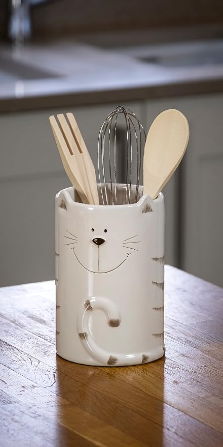 SPOTTED DOG GIFT COMPANY Cat Utensil Holder, Ceramic Utensil Crock, Cute Kitchen Countertop Decor, Baking & Cooking Tools Organizer, Gifts for Cat Lovers & Pet Owners 4.3" x 6.3"