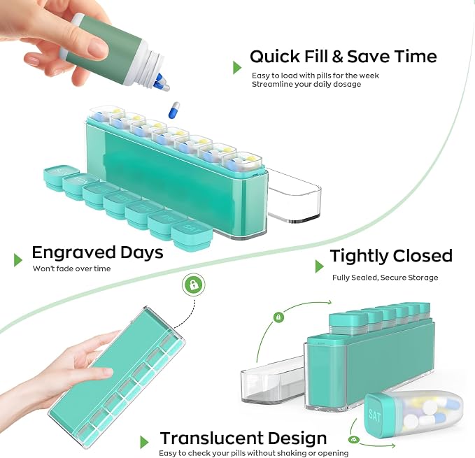 HIONXMGA Weekly Pill Organizer, Detachable 7-Color Pill Box, Easy Tracking | Portable Travel Pill Case Container for Daily Vitamin Supplement Fish Oil, Silicone-Seal, Lasting Labels, Quick Fill (Cyan)