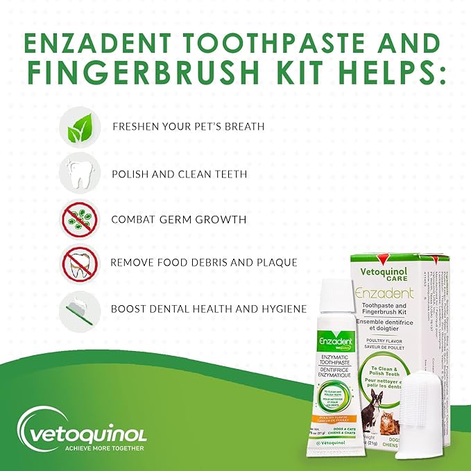 Vetoquinol Enzadent Enzymatic Toothpaste Kit + Fingerbrush for Cats & Dogs – .75oz, Poultry Flavor – Oral Dental Care Kit: Removes Plaque, Polishes Teeth & Freshens Breath
