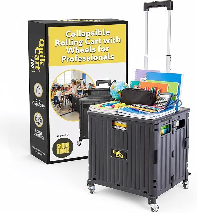 dbest Products Quik Cart 360 Collapsible Rolling Crate on Wheels - Black | 80 lbs Capacity, 360 Spinner Wheels, Telescoping Handle, Folding Portable Utility Cart with Seat
